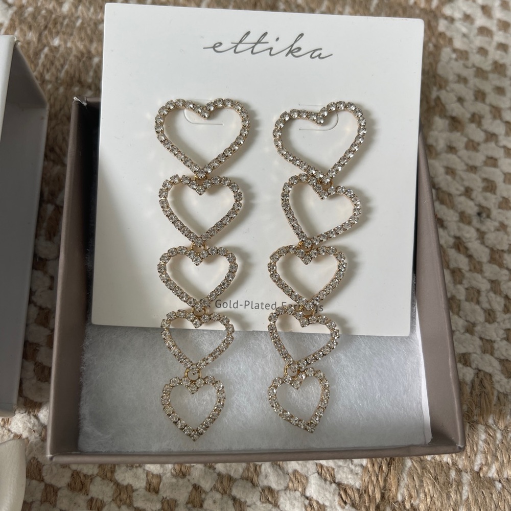 Ettika Gold Heart Dangle Earrings with Textured Design